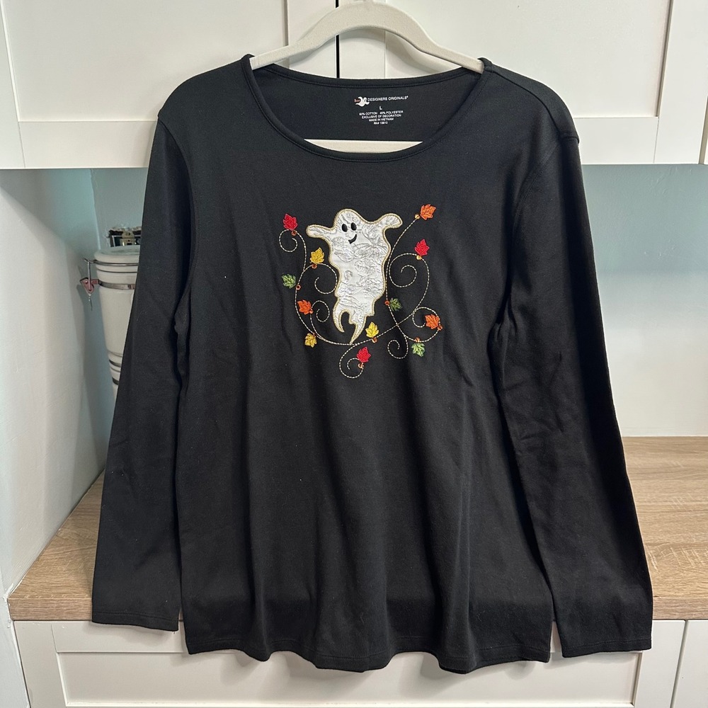 Long Sleeve Halloween Ghost Top Womens L Black Fall Embroidered Novelty Shirt